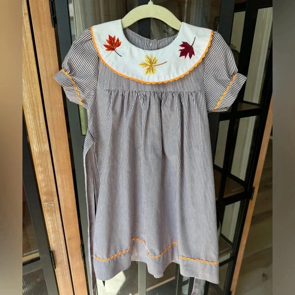 Fall leaves smock dress embroidered short sleeve autumn long toddler girl bow - Picture 1 of 3